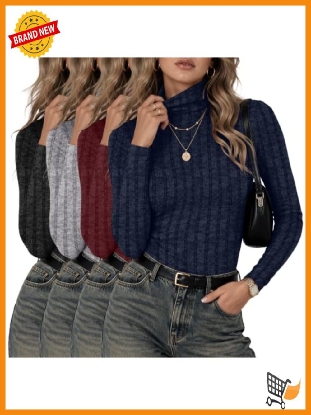 Women's Long Sleeve Turtleneck Tops Ribbed Slim Fit Pullover 4 Pack